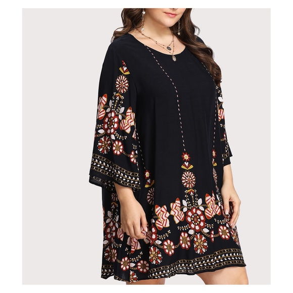 Dark Blue Flower Print 3/4 Sleeve Tunic Dress - Picture 4 of 5